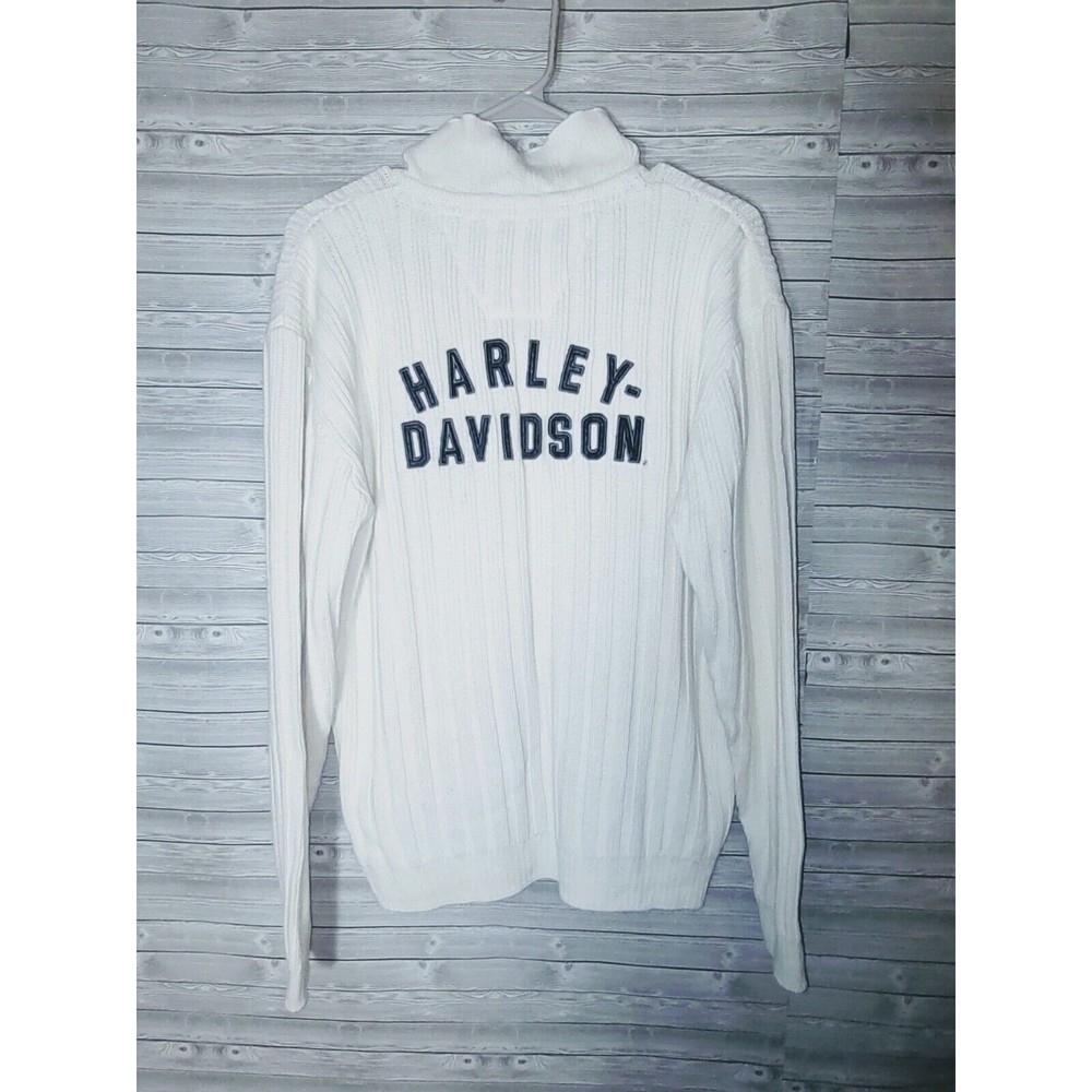 Extremely Rare Vtg Harley Davidson Embroidered Off White Spellout Sweater L